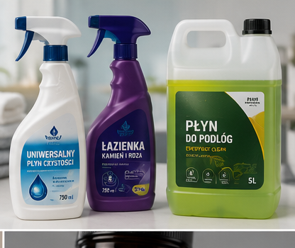 Etykiety na chemię — płyn do szyb, środki czystości