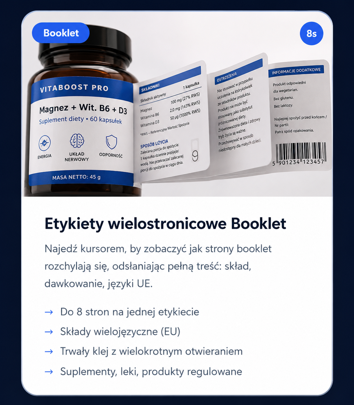 Etykiety wielostronicowe Booklet – VITABOOST PRO