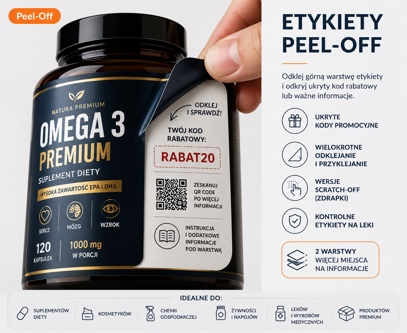 Etykiety odklejane Peel-Off – Omega 3 Premium